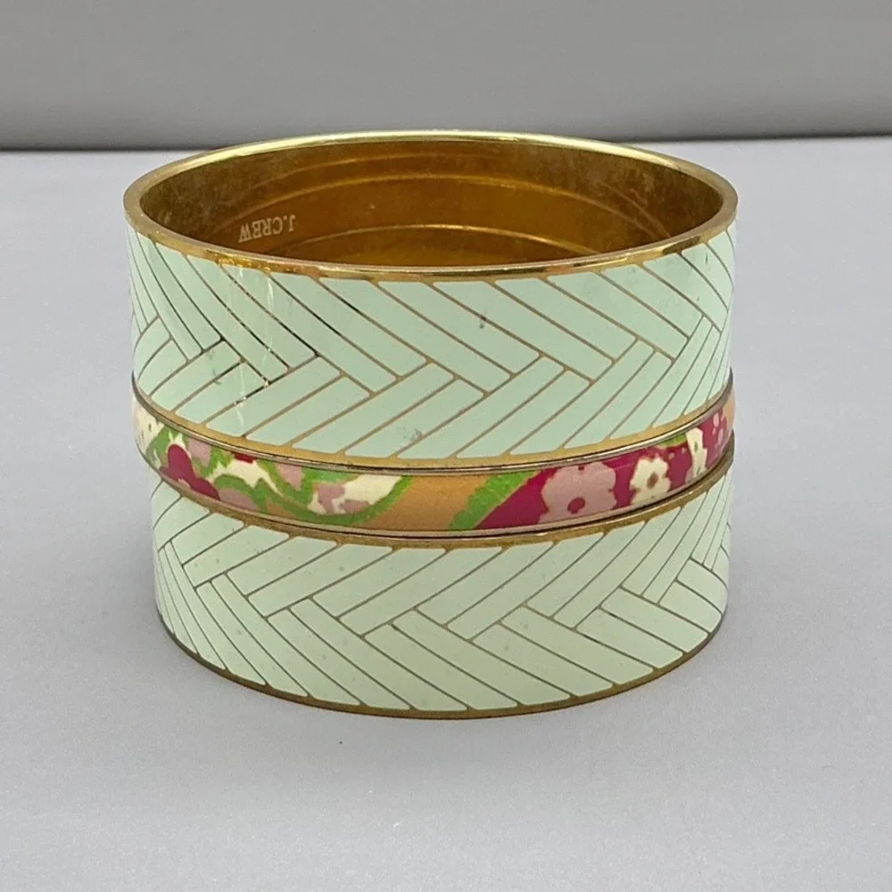 J.Crew Bangle Womens Gold Tone Enamel Mint Herringbone Floral Stackable 7 Inch